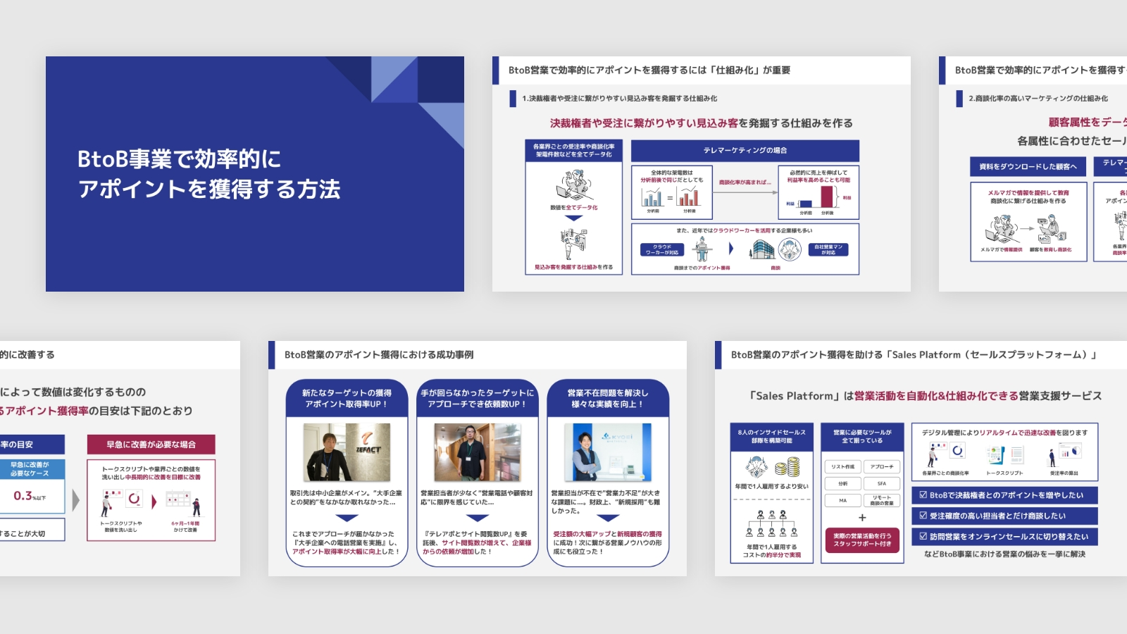 資料「BtoB事業で効率的にアポイントを獲得する方法」の中身を一部抜粋して並べたキャプチャ画像